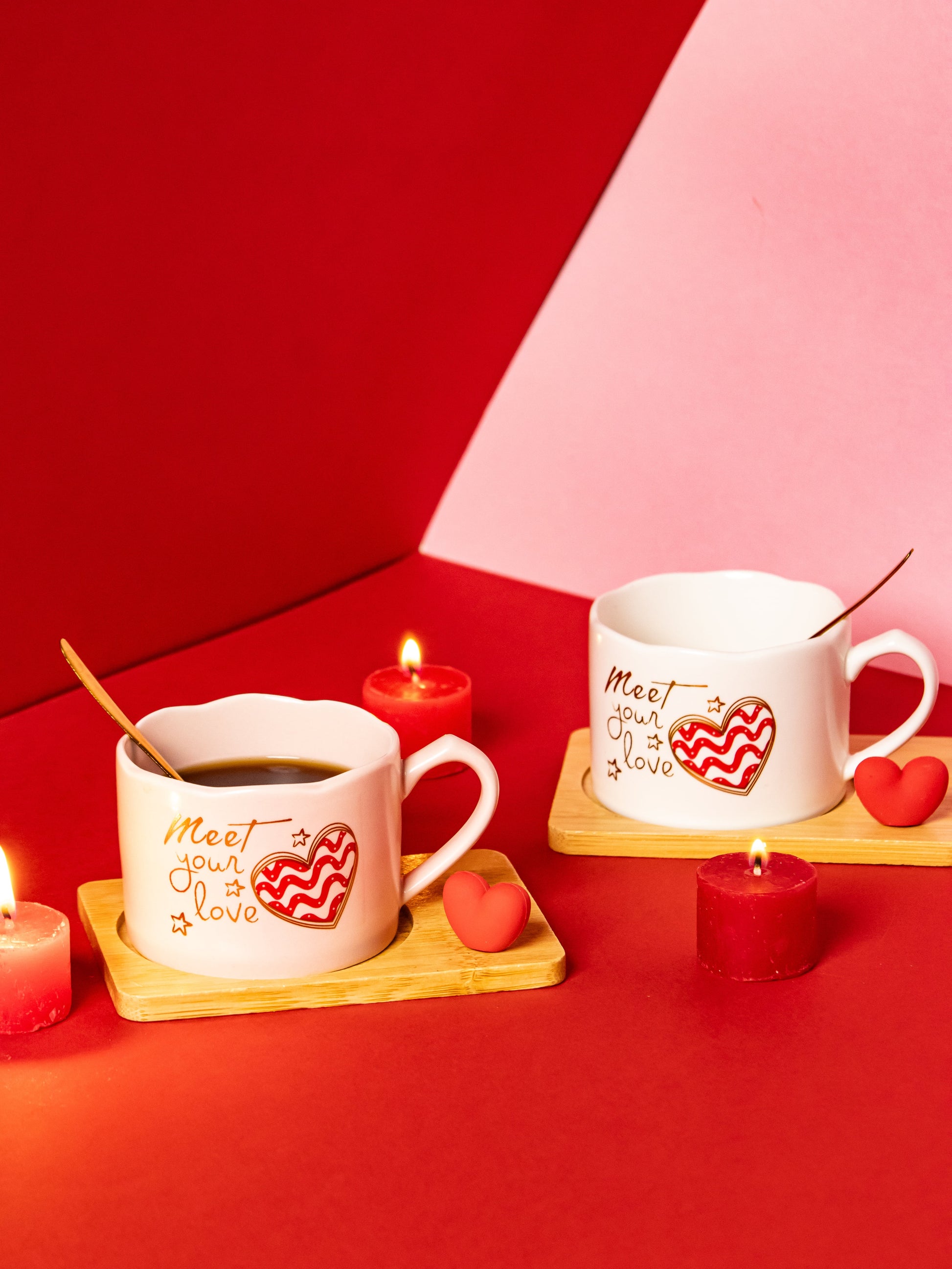 Valentines Day Ceramic Cup with Coaster and Golden Spoon - 150 ML - Kaanch