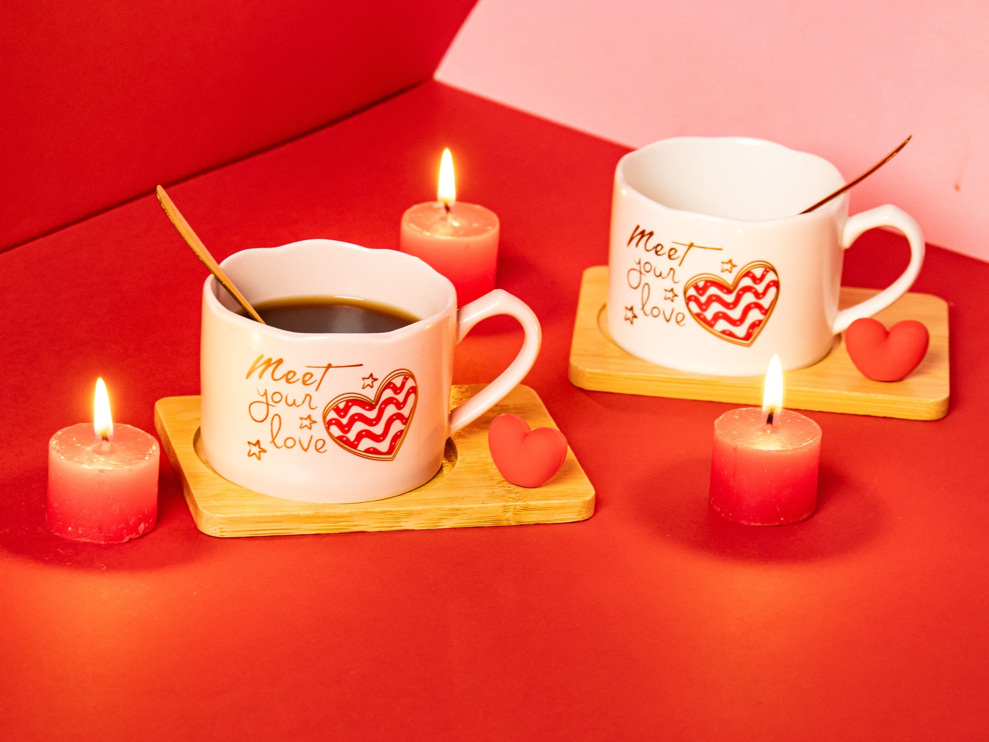 Valentines Day Ceramic Cup with Coaster and Golden Spoon - 150 ML - Kaanch