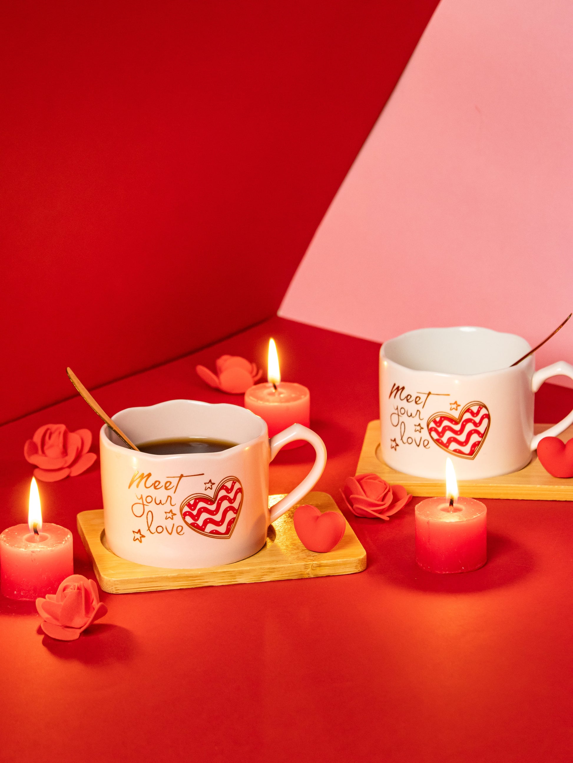 Valentines Day Ceramic Cup with Coaster and Golden Spoon - 150 ML - Kaanch