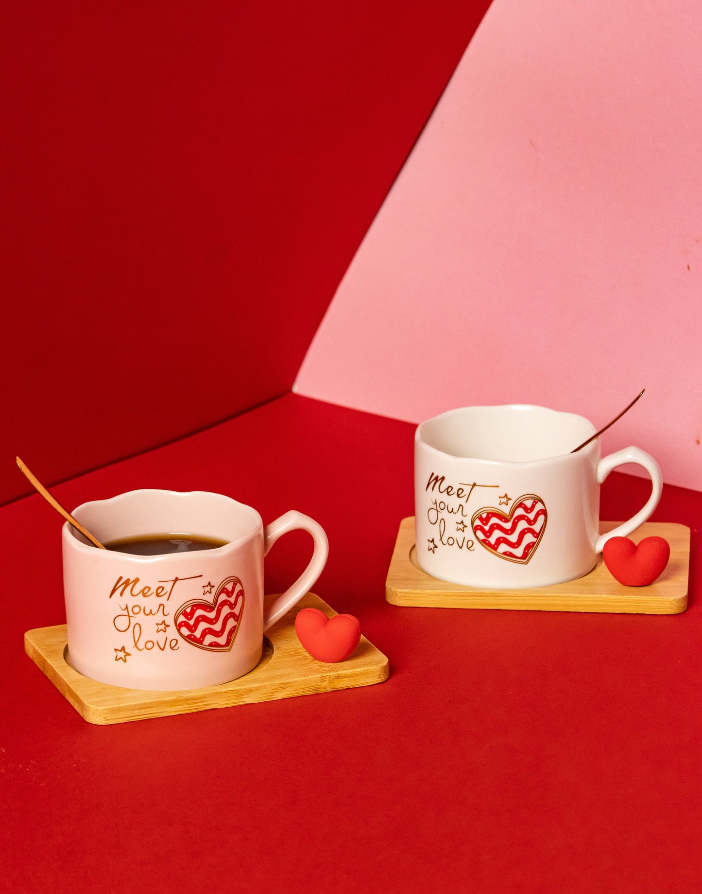 Valentines Day Ceramic Cup with Coaster and Golden Spoon - 150 ML - Kaanch