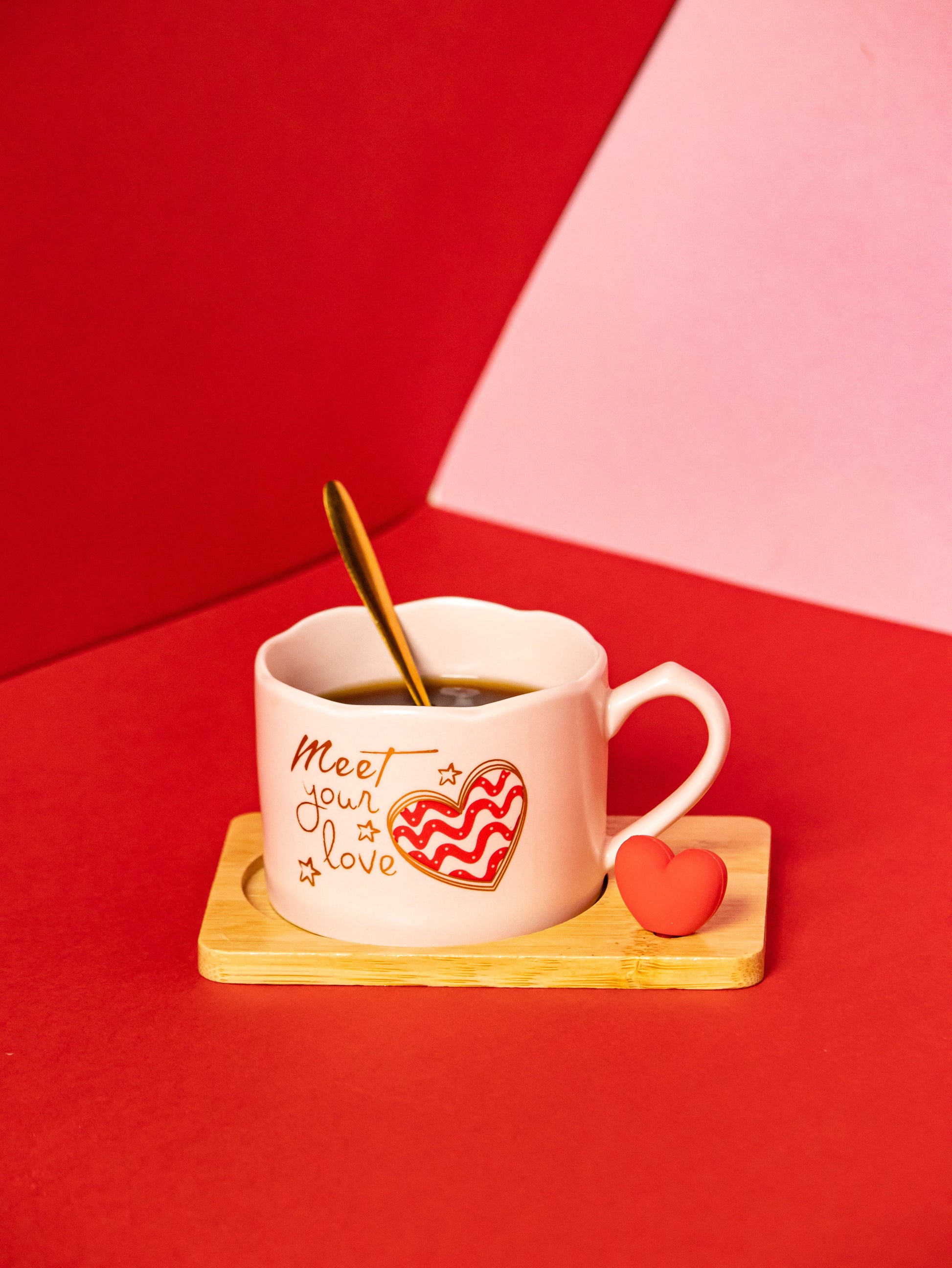 Valentines Day Ceramic Cup with Coaster and Golden Spoon - 150 ML - Kaanch