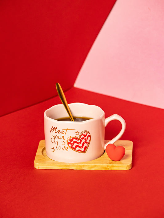 Valentines Day Ceramic Cup with Coaster and Golden Spoon - 150 ML - Kaanch