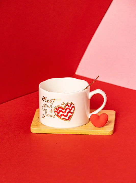 Valentines Day Ceramic Cup with Coaster and Golden Spoon - 150 ML - Kaanch