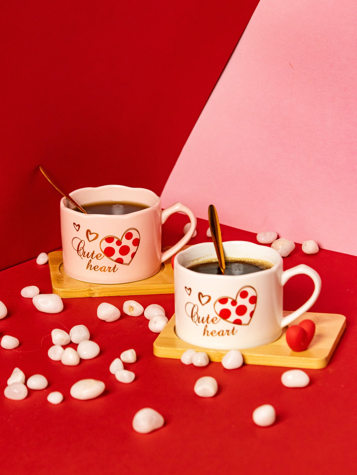 Valentines Day Ceramic Cup with Coaster and Golden Spoon - 150 ML - Kaanch