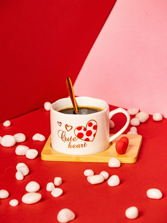 Valentines Day Ceramic Cup with Coaster and Golden Spoon - 150 ML - Kaanch