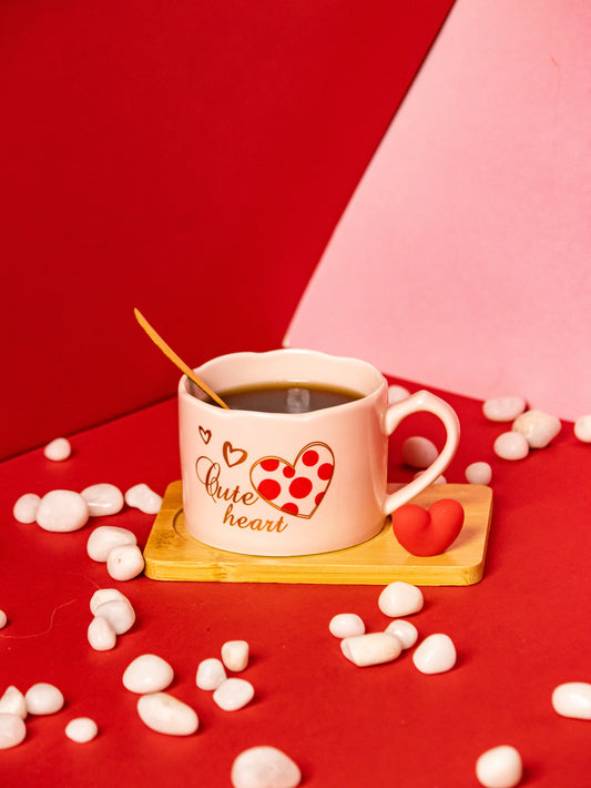 Valentines Day Ceramic Cup with Coaster and Golden Spoon - 150 ML - Kaanch