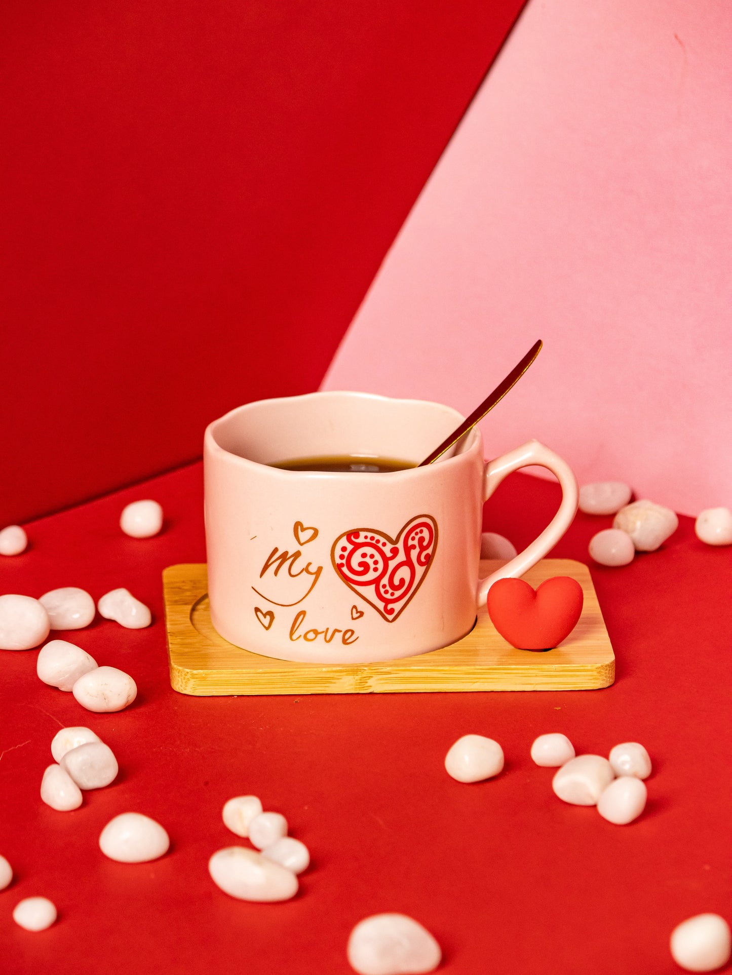 Valentines Day Ceramic Cup with Coaster and Golden Spoon - 150 ML - Kaanch