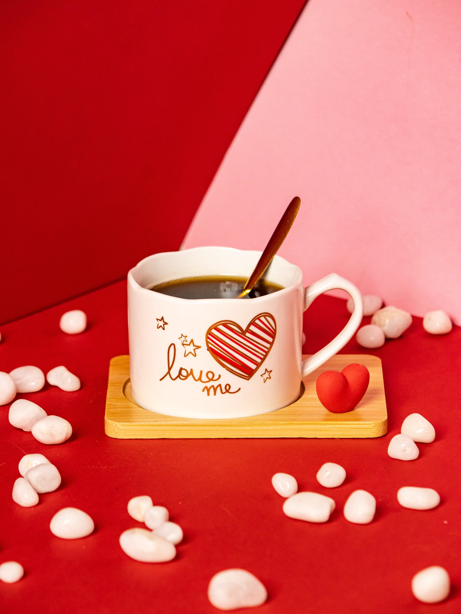 Valentines Day Ceramic Cup with Coaster and Golden Spoon - 150 ML - Kaanch