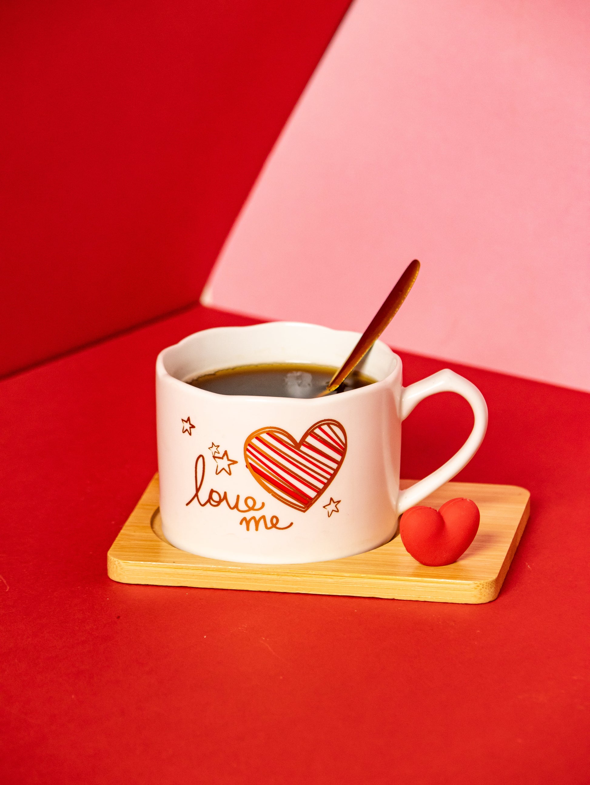 Valentines Day Ceramic Cup with Coaster and Golden Spoon - 150 ML - Kaanch