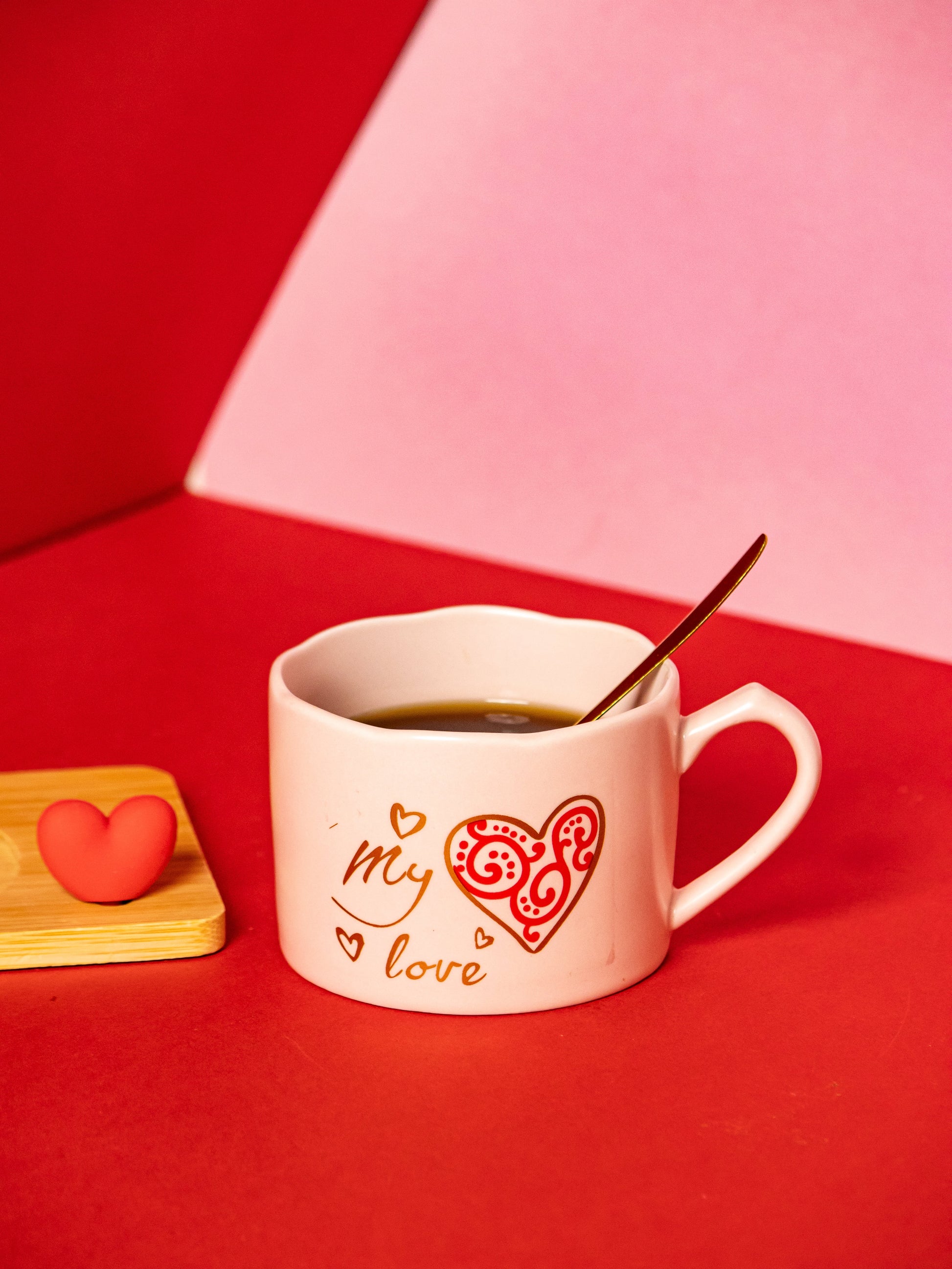 Valentines Day Ceramic Cup with Coaster and Golden Spoon - 150 ML - Kaanch