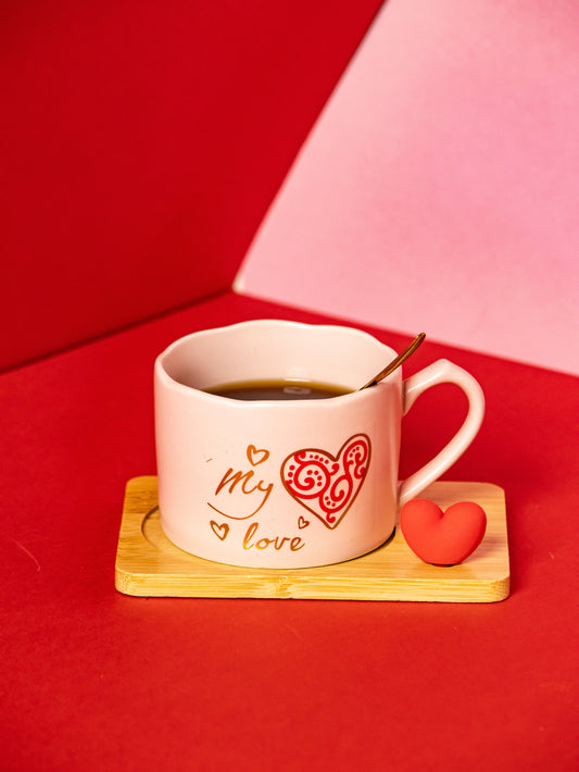 Valentines Day Ceramic Cup with Coaster and Golden Spoon - 150 ML - Kaanch