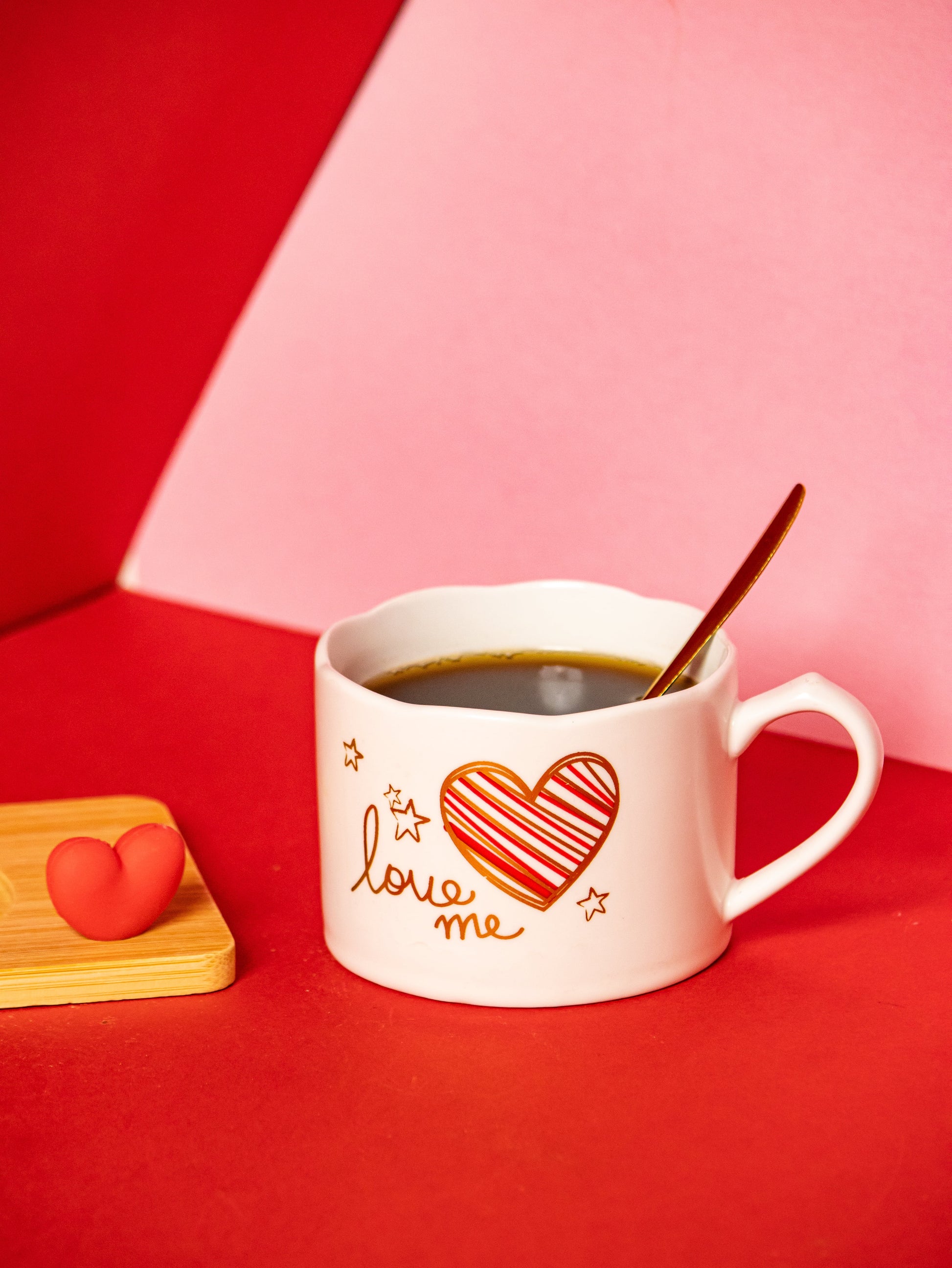 Valentines Day Ceramic Cup with Coaster and Golden Spoon - 150 ML - Kaanch