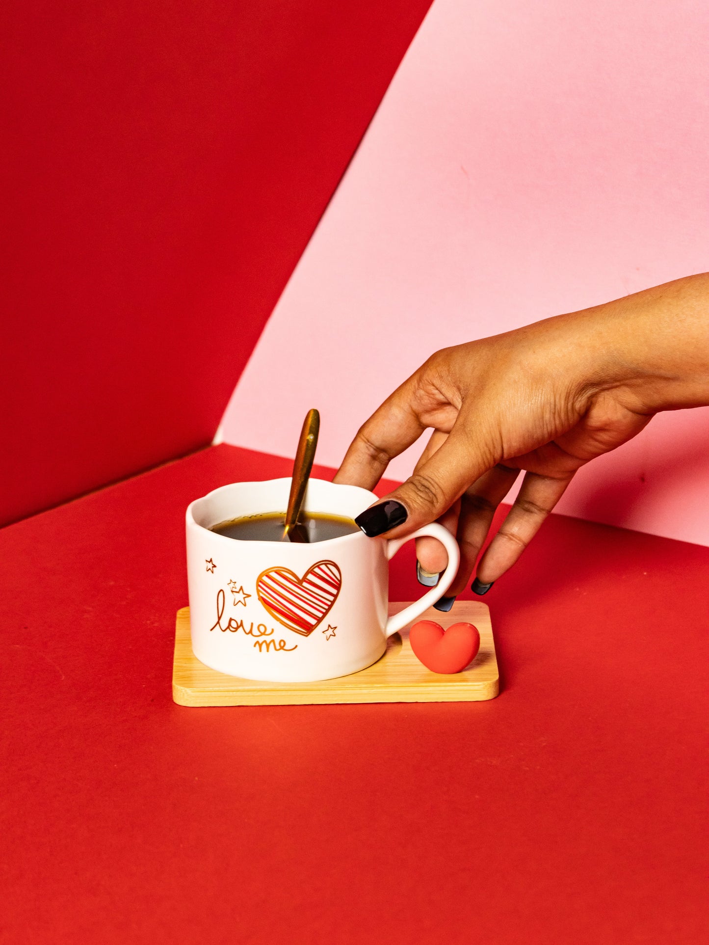 Valentines Day Ceramic Cup with Coaster and Golden Spoon - 150 ML - Kaanch