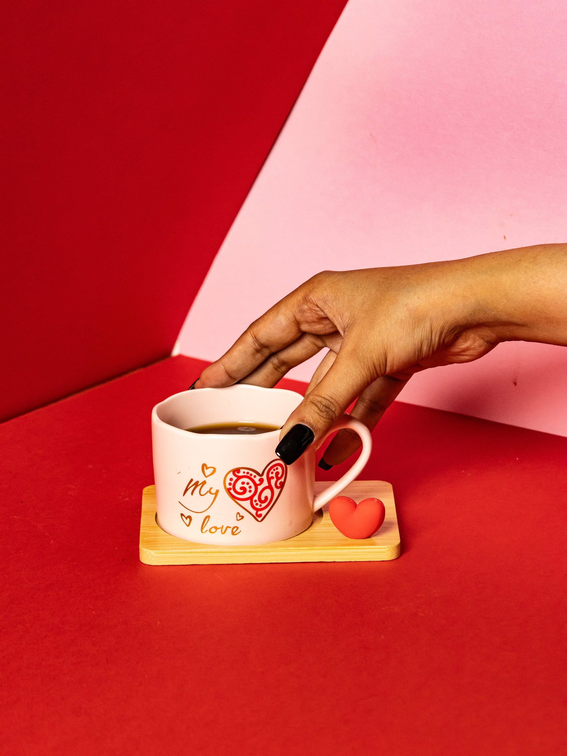 Valentines Day Ceramic Cup with Coaster and Golden Spoon - 150 ML - Kaanch