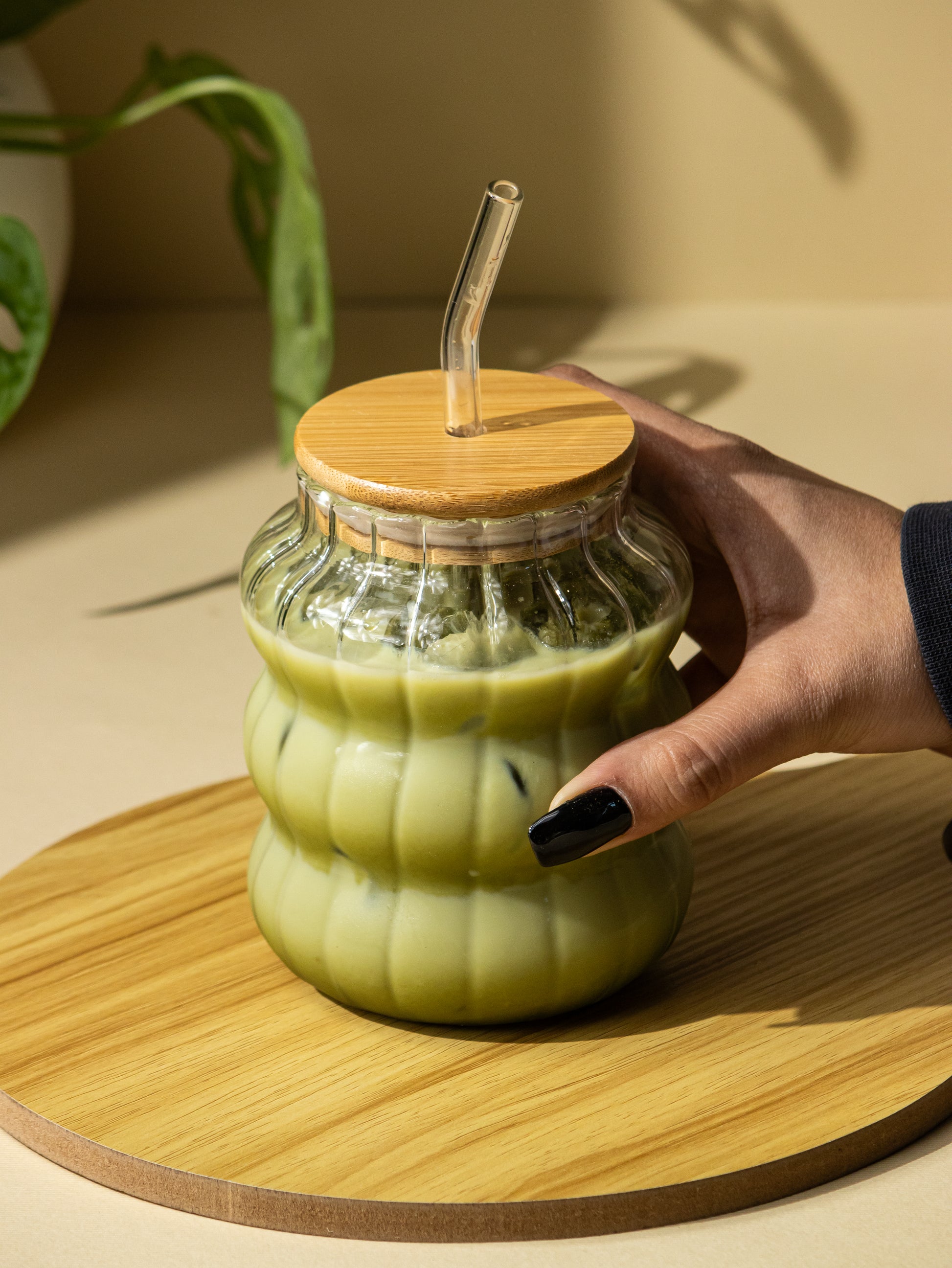 Glass Jar with Wooden Lid and Glass Straw - 600 ML - Kaanch