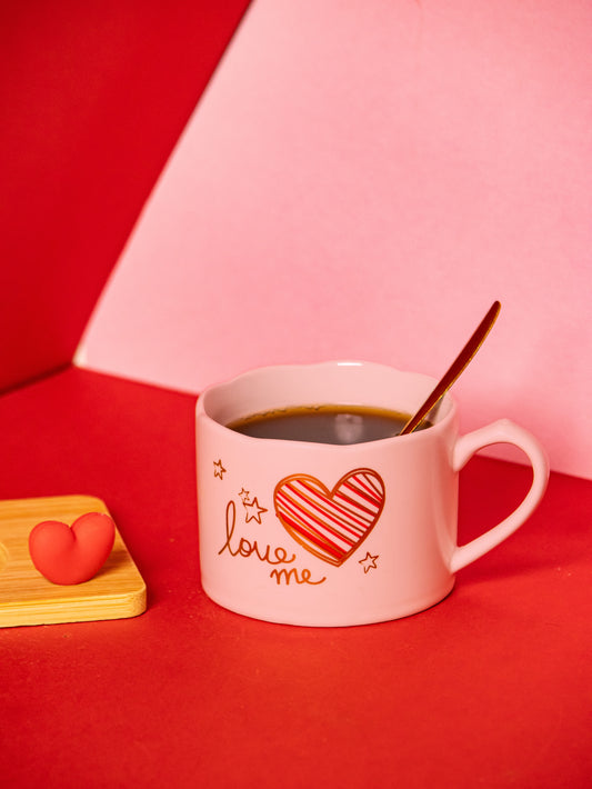 Valentines Day Ceramic Cup with Coaster and Golden Spoon - 150 ML - Kaanch